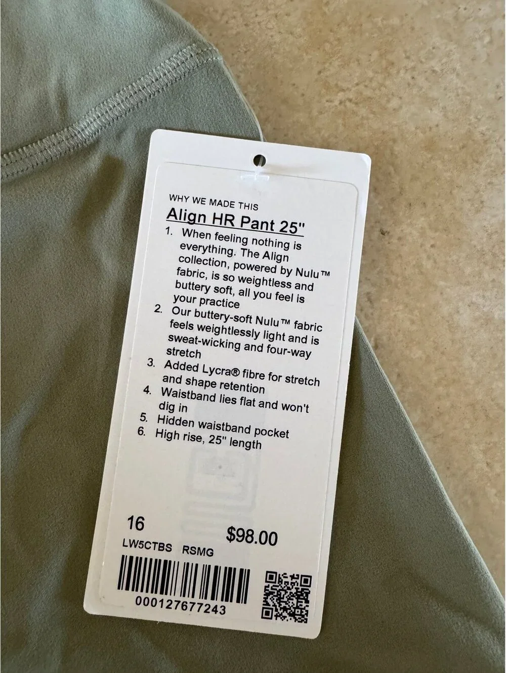 Lululemon Align High Rise 25” Rosemary Green Size 16 NWT